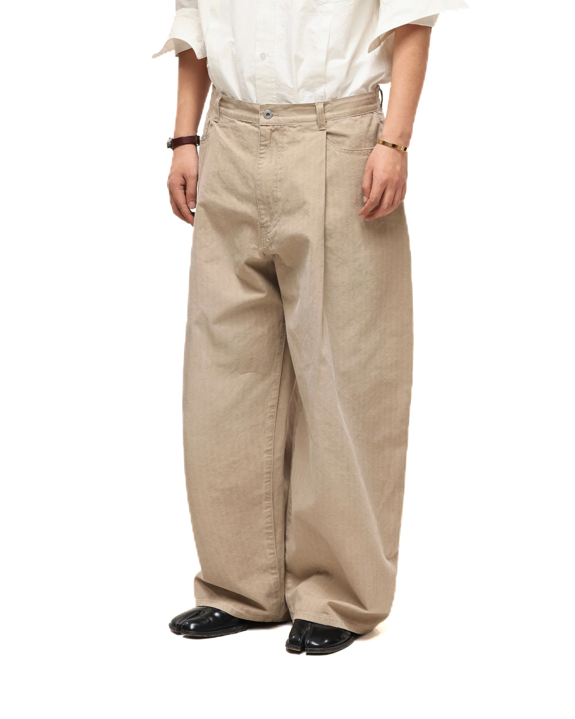 6CRAYON Khaki Classic Herringbone Washed Wide-Leg Trousers - Image 9