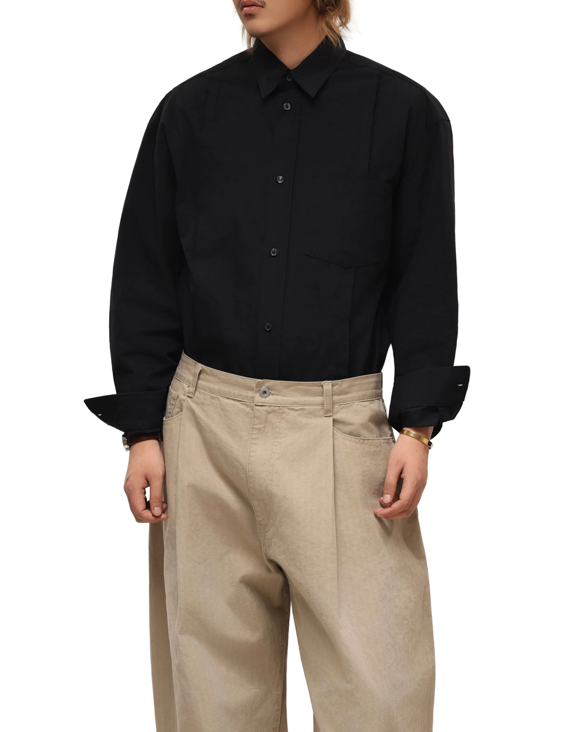 6CRAYON Patchwork Basic Black Cotton Poplin Embroidered Shirt - Image 3
