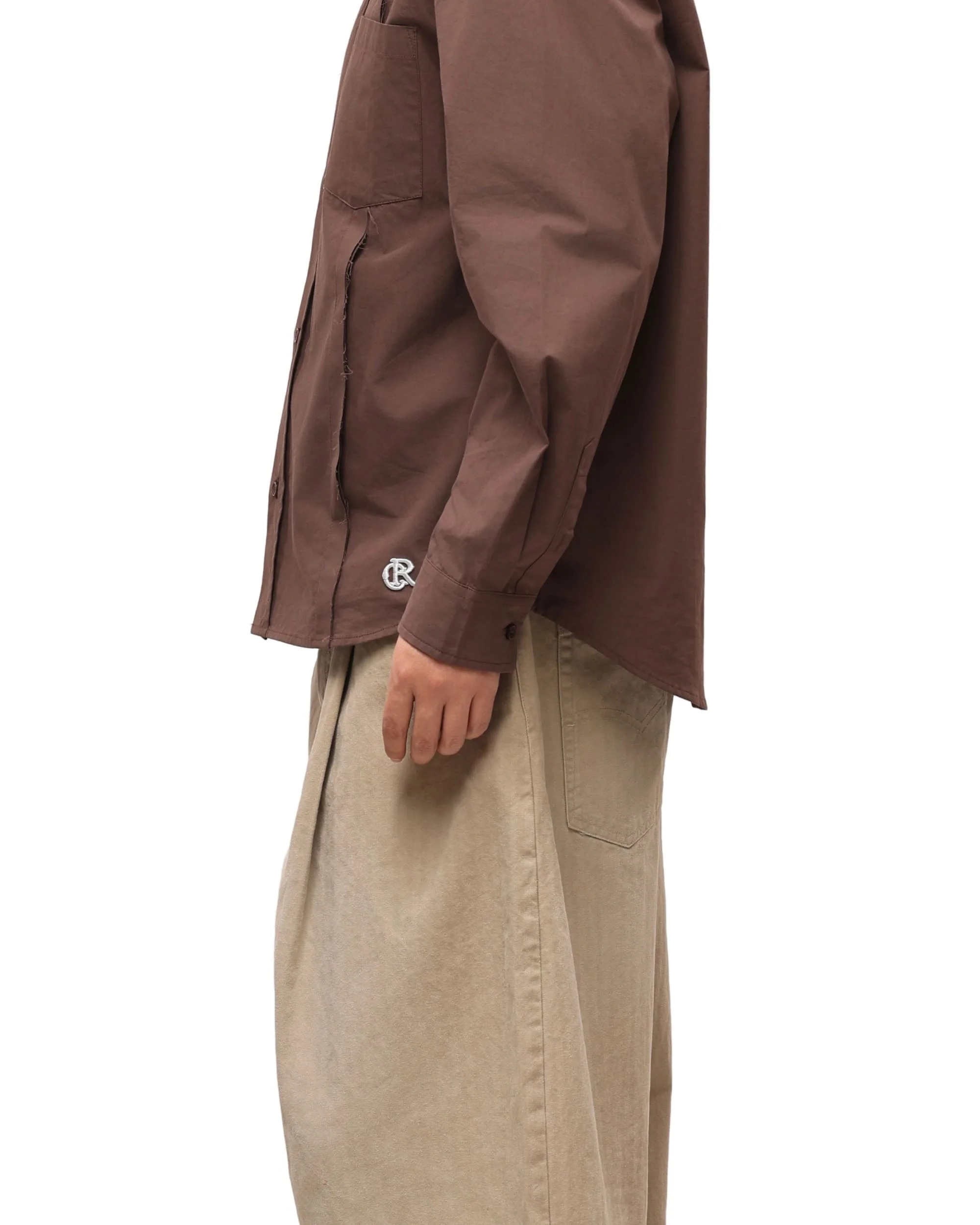 6CRAYON Patchwork Basic Brown Cotton Poplin Embroidered Shirt - Image 3