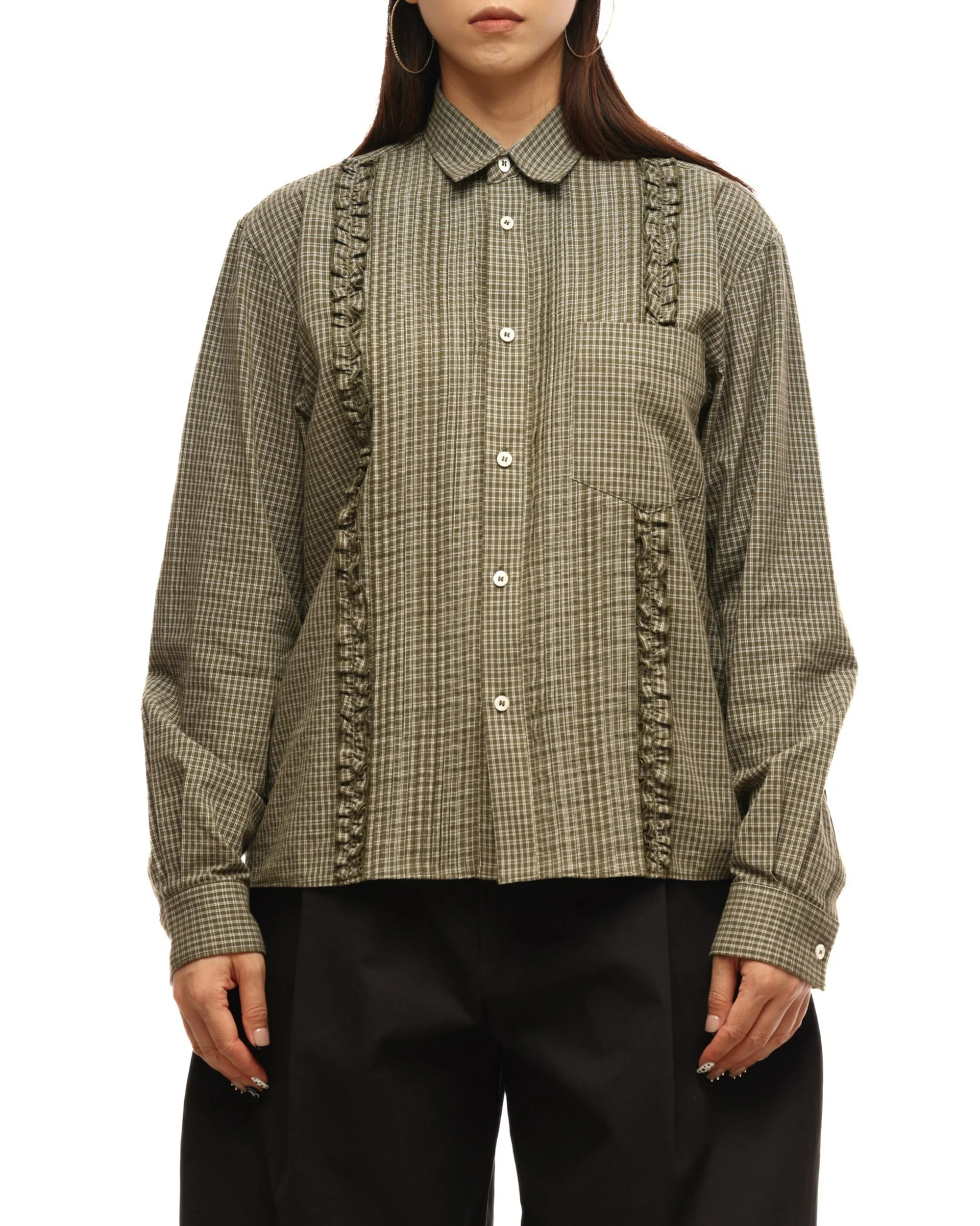 6CRAYON Retro Military Green Plaid Cotton Peplum Blouse - Image 4