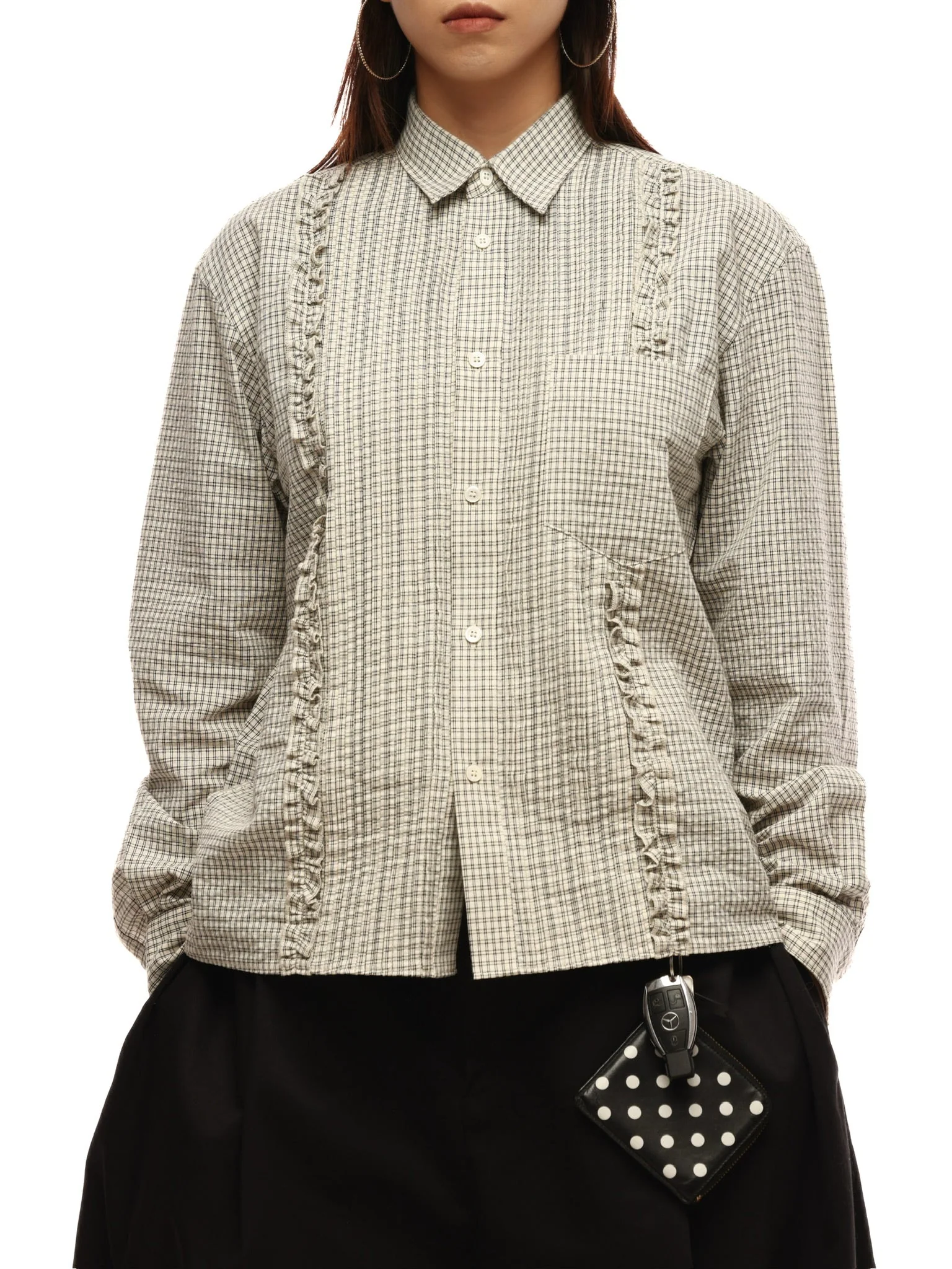 6CRAYON Retro Off-White Plaid Cotton Peplum Blouse - Image 10