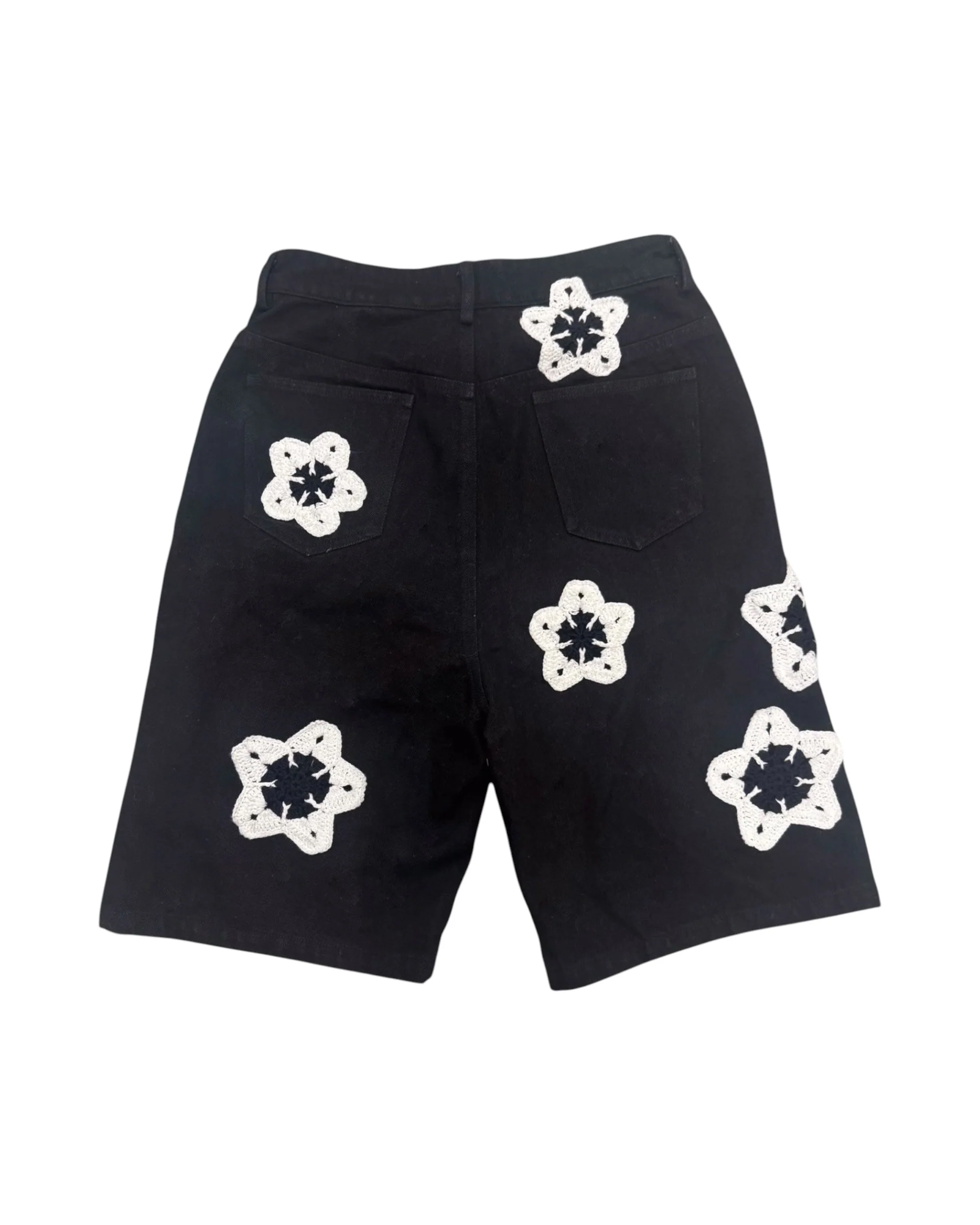 Black Flower Crochet Patch Denim Shorts - Image 2