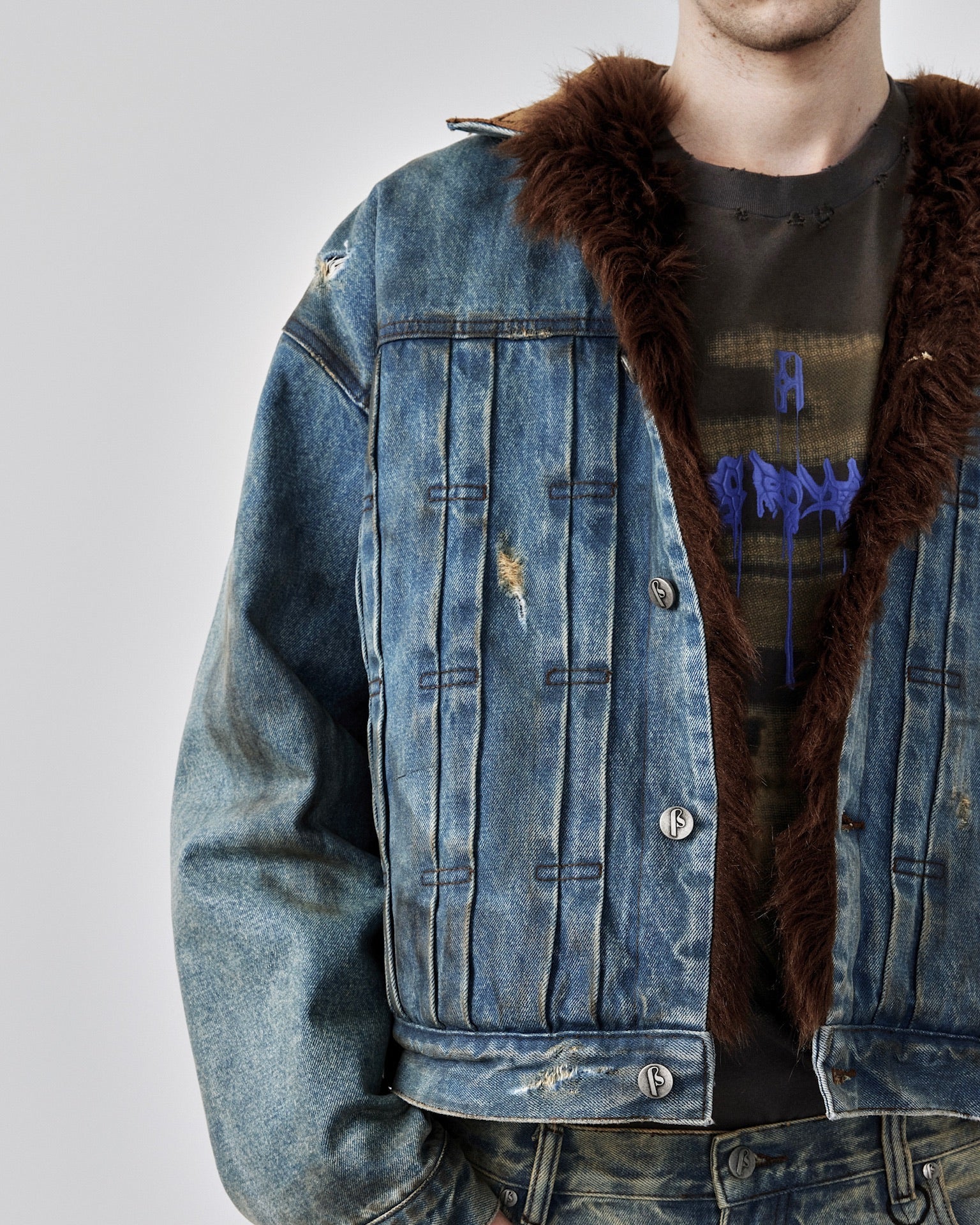Dirty-Washed Furry Denim Jacket - Image 9