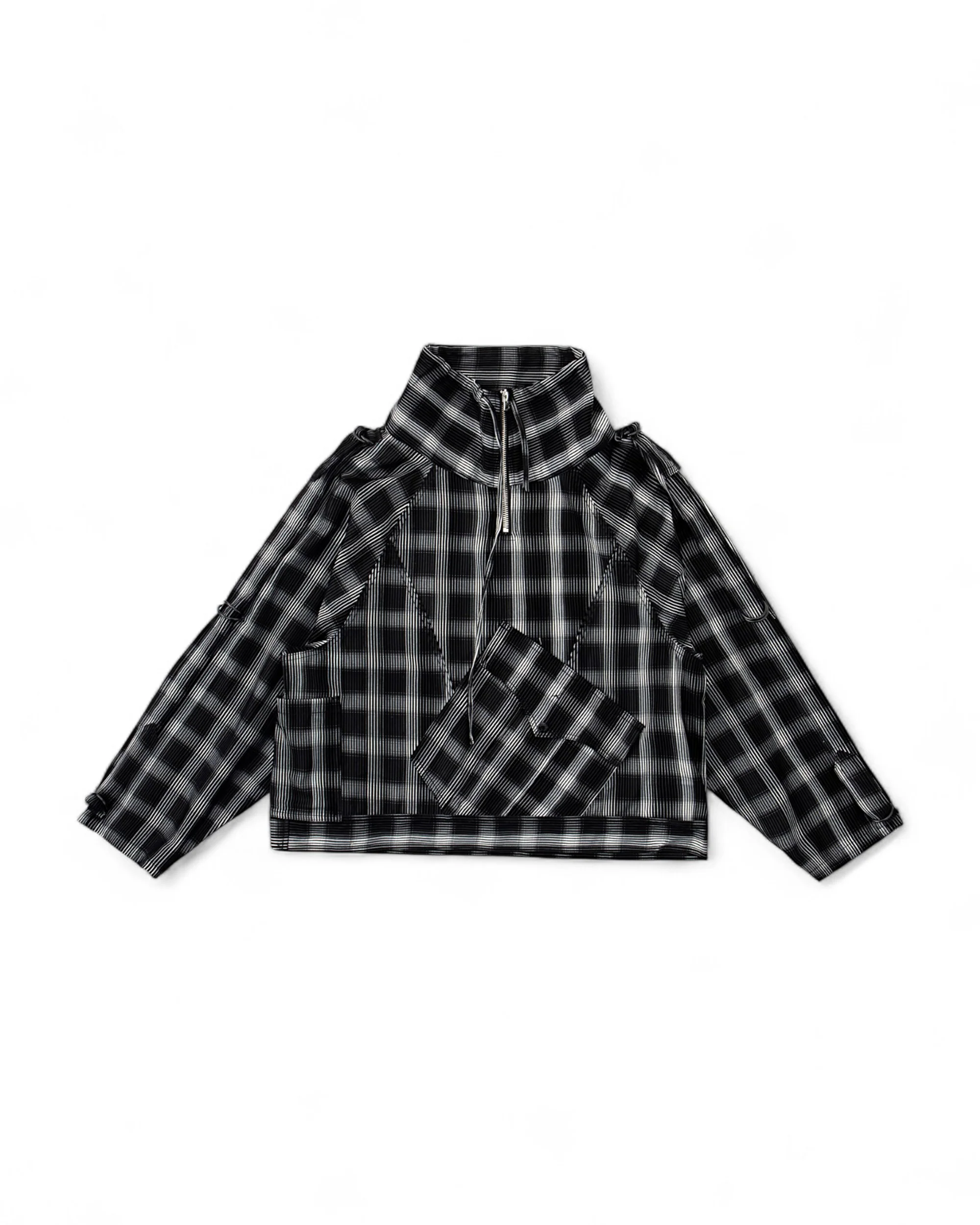 Distorted Plaid Half-Zip Pullover – Black & White, Boxy Fit