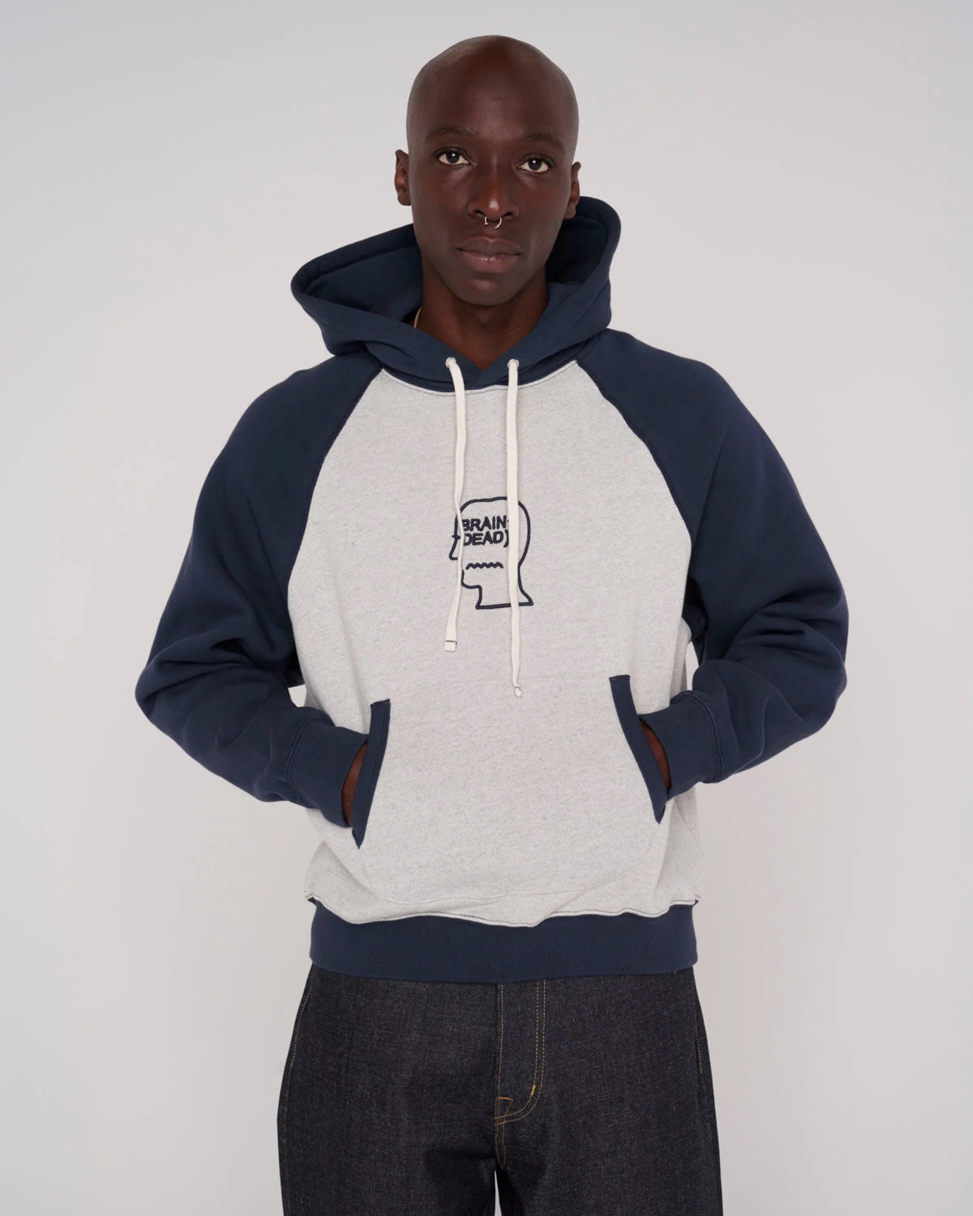 Fleece Logo Head Raglan Hoodie - Oatmeal/Navy - Image 5