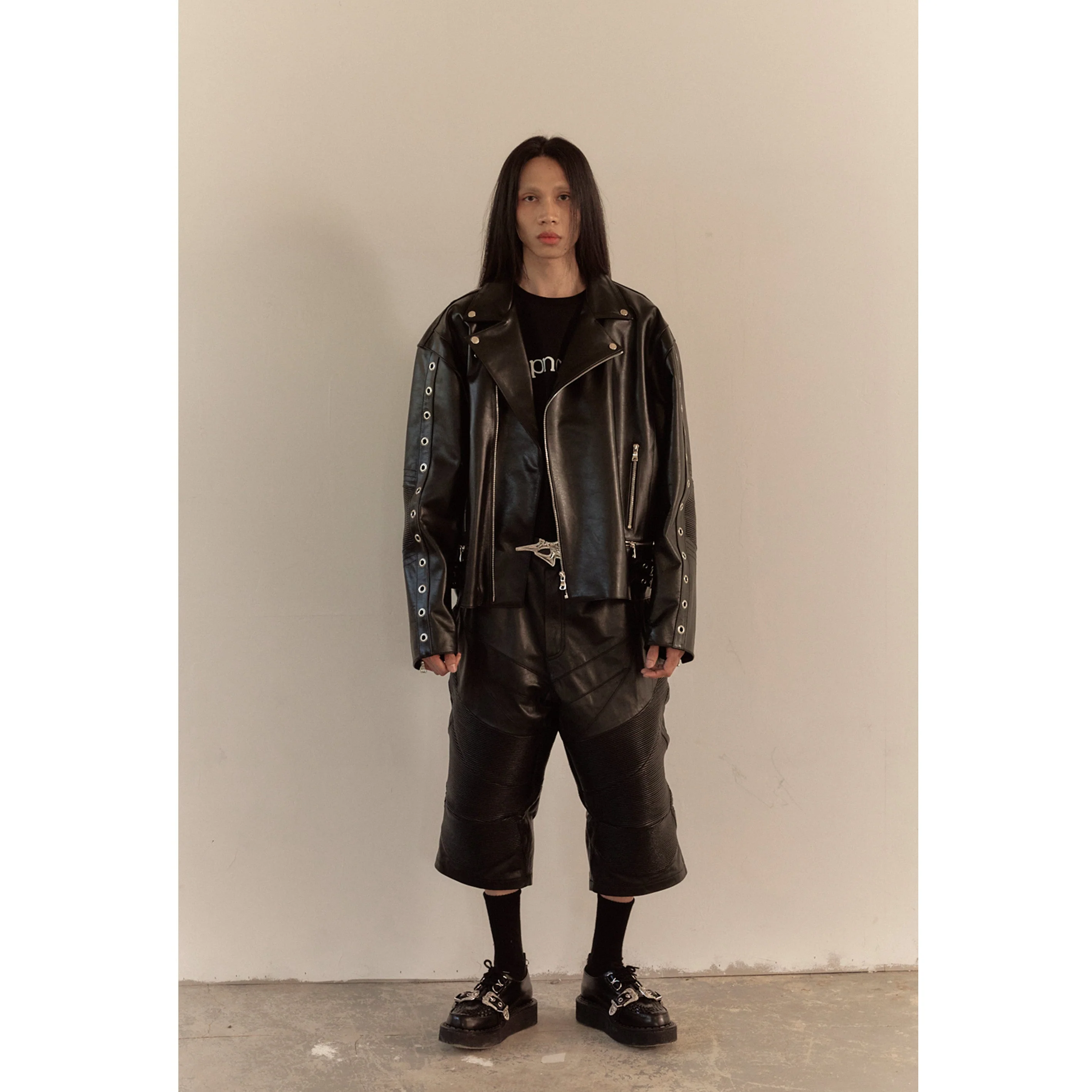 LEATHER BIKER HALF PANTS / BLACK - Image 36