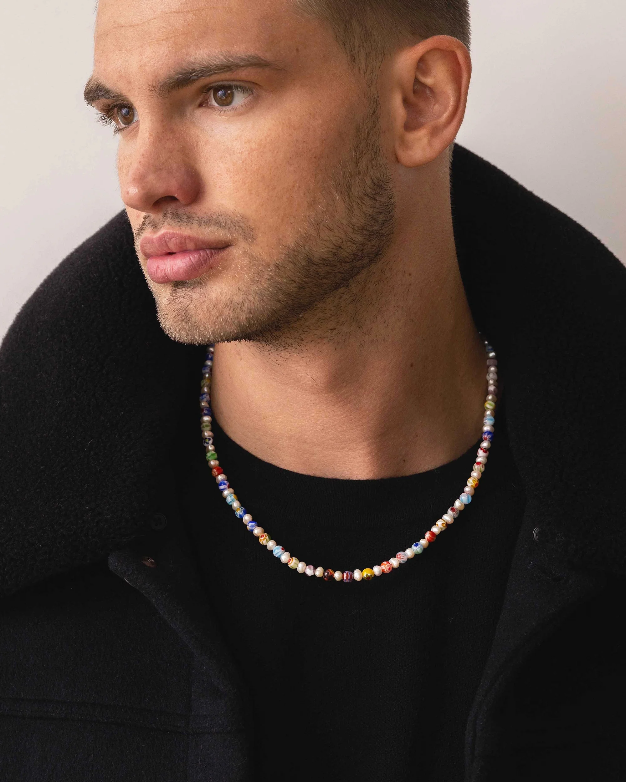 Men's Pearl Necklace with Hand-Painted Glass Beads - Image 2