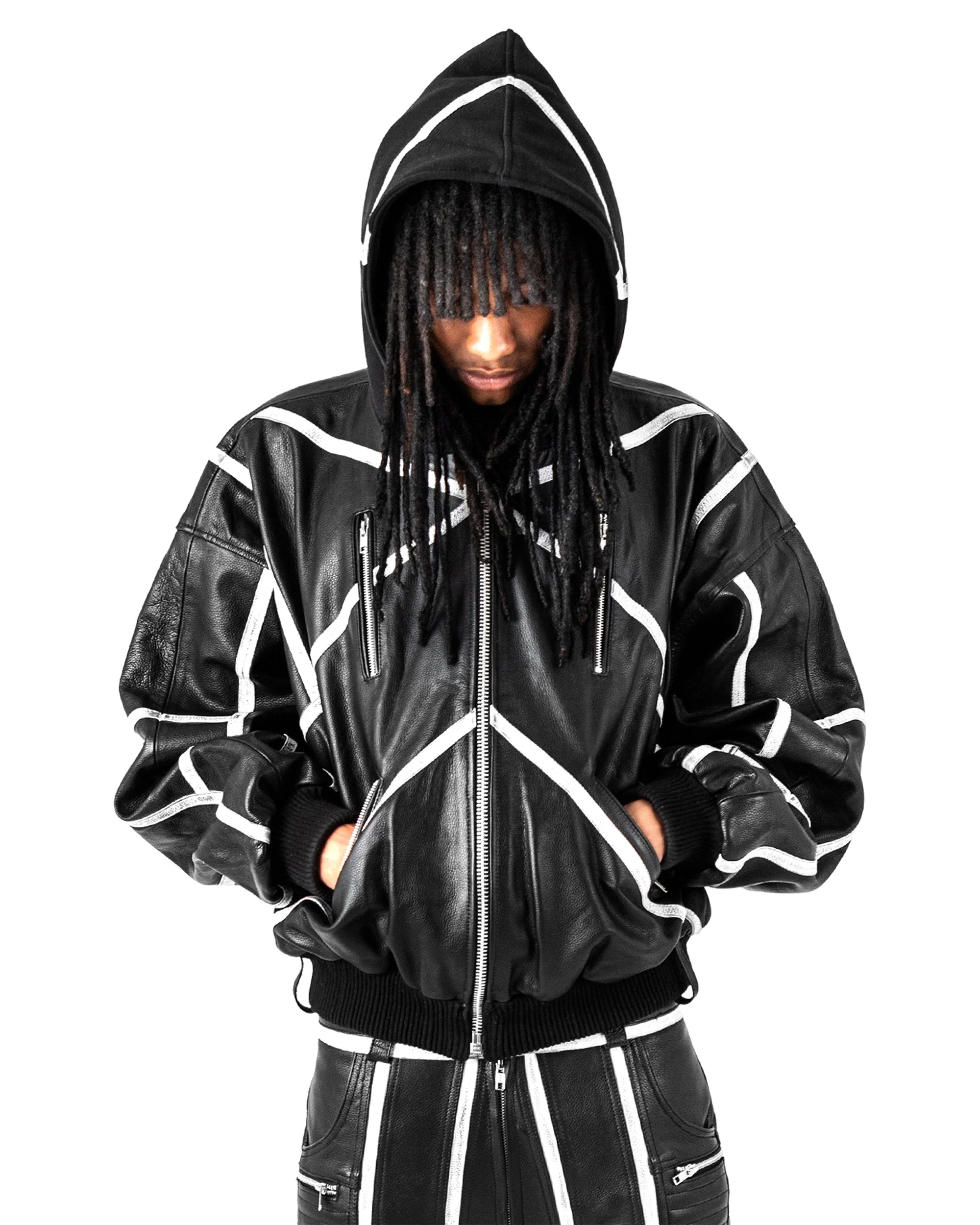 "PRYZM" LEATHER BOMBER - BLACK/WHITE - Image 3