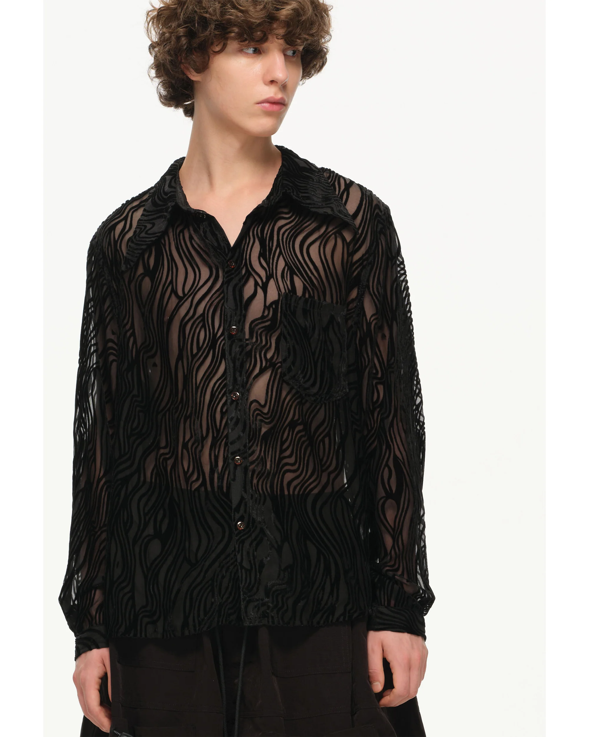 Sheer Wavy Button-Up Shirt - Midnight - Image 4