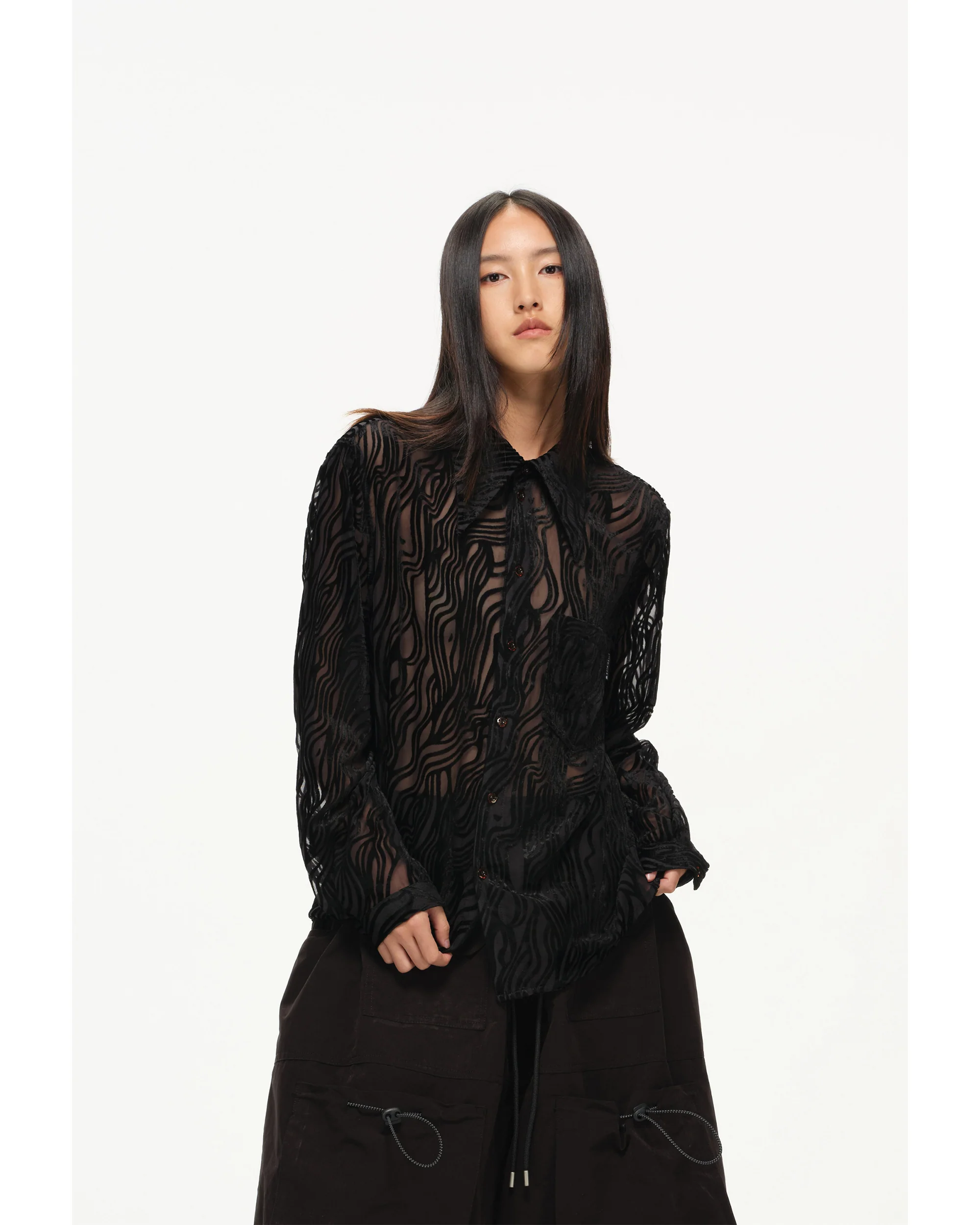 Sheer Wavy Button-Up Shirt - Midnight - Image 5