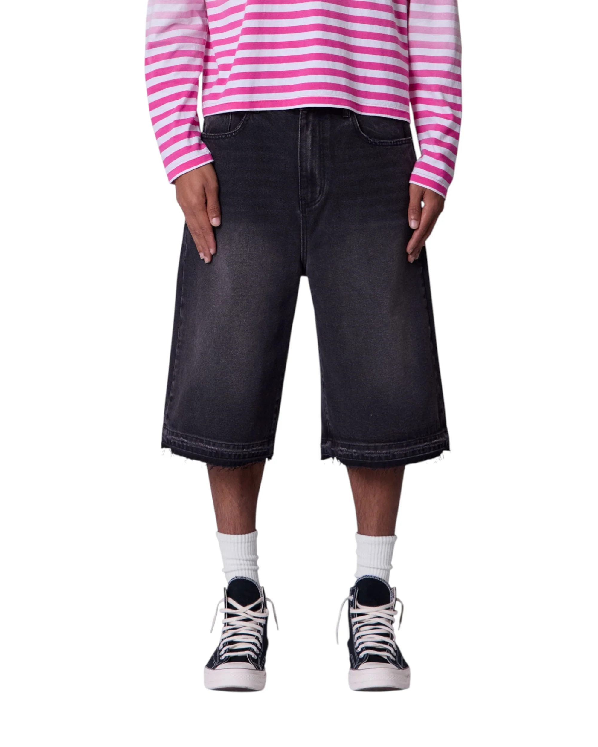 Ultra Baggy Raw Hem Denim Shorts - Washed Black - Image 2