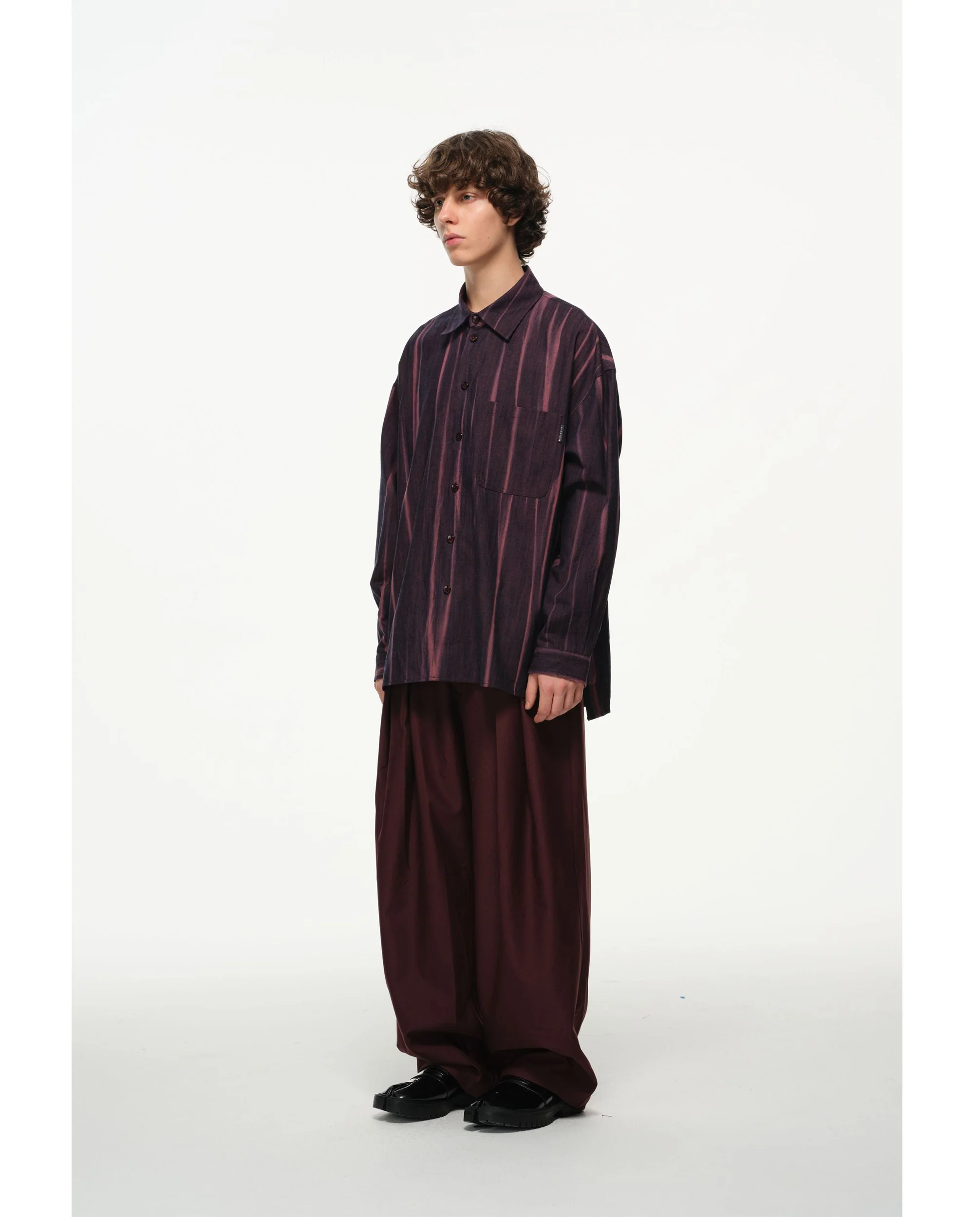 Vertical Stripe Button Up – Deep Burgundy & Rose, Relaxed Fit - Image 5